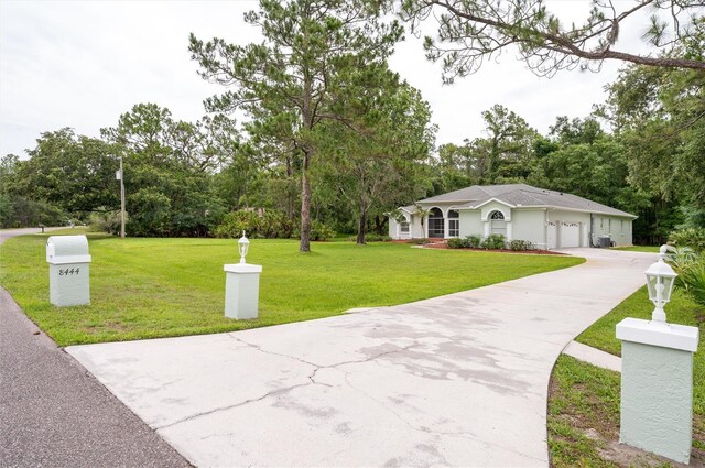 8444 Shenandoah Run, Wesley Chapel, FL 33544 - surrounding community with a yard, a garage, concrete driveway, and view of scattered trees