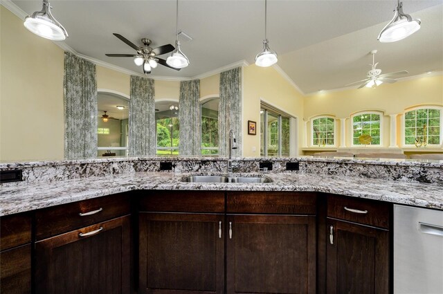 8444 Shenandoah Run, Wesley Chapel, FL 33544 - kitchen featuring ceiling fan, a sink, ornamental molding, dishwasher, and light stone countertops
