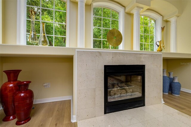 8444 Shenandoah Run, Wesley Chapel, FL 33544 - detailed view of a fireplace, baseboards, decorative columns, and wood finished floors