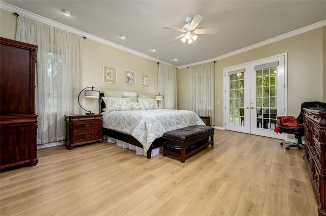 8444 Shenandoah Run, Wesley Chapel, FL 33544 - bedroom with french doors, light wood finished floors, access to outside, ornamental molding, and a ceiling fan
