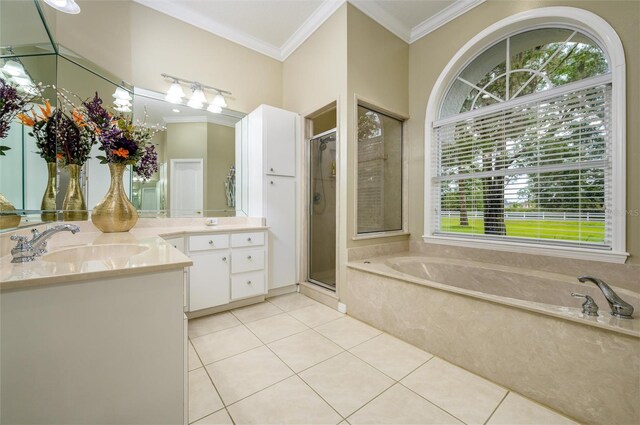 8444 Shenandoah Run, Wesley Chapel, FL 33544 - full bath with crown molding, a bath, vanity, tile patterned flooring, and a stall shower