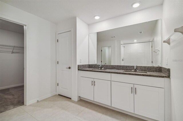 9828 Branching Ship Trce, Wesley Chapel, FL 33545 - full bathroom with a shower stall, double vanity, baseboards, a walk in closet, and recessed lighting