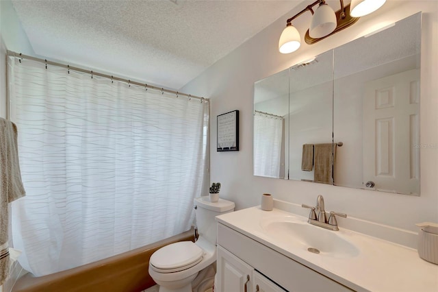 260 Venice E Blvd, Venice, FL 34293 - bathroom with vanity, a textured ceiling, shower / bathtub combination with curtain, and toilet