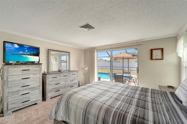 260 Venice E Blvd, Venice, FL 34293 - carpeted bedroom with access to exterior, ornamental molding, and a textured ceiling