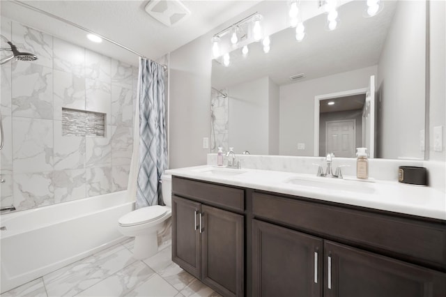 11719 Tetrafin Dr, Riverview, FL 33579 - full bath with double vanity, shower / bathtub combination with curtain, marble finish flooring, toilet, and recessed lighting