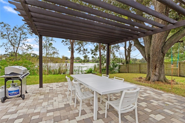 12529 Mondragon Dr, Tampa, FL 33625 - view of patio featuring a water view, outdoor dining space, area for grilling, and a pergola