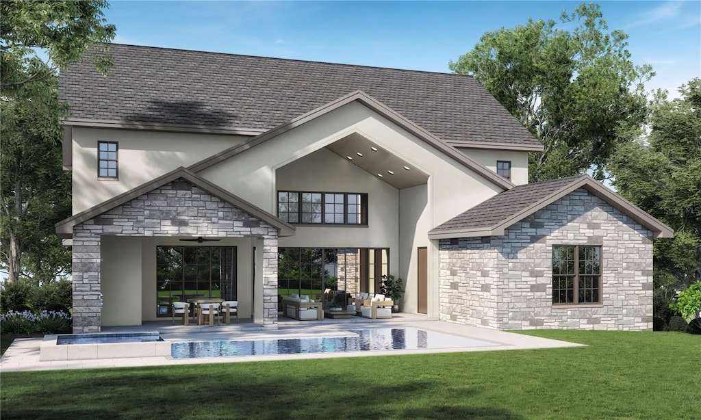 924 42nd Ave N, Saint Petersburg, FL 33703 - rear view of house with stone siding, stucco siding, outdoor lounge area, and a lawn