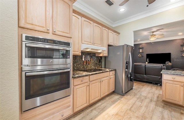 629 Orange Valley Ln, Lakeland, FL 33813 - kitchen featuring light brown cabinets, appliances with stainless steel finishes, ceiling fan, under cabinet range hood, and crown molding