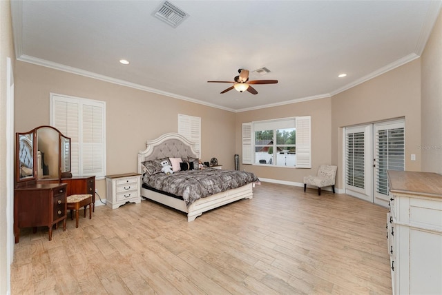 629 Orange Valley Ln, Lakeland, FL 33813 - bedroom featuring ornamental molding, light wood-style flooring, access to exterior, recessed lighting, and ceiling fan