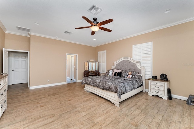 629 Orange Valley Ln, Lakeland, FL 33813 - bedroom with ornamental molding, light wood finished floors, baseboards, ceiling fan, and recessed lighting