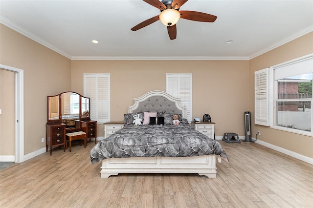 629 Orange Valley Ln, Lakeland, FL 33813 - bedroom featuring ornamental molding, light wood finished floors, baseboards, a ceiling fan, and recessed lighting