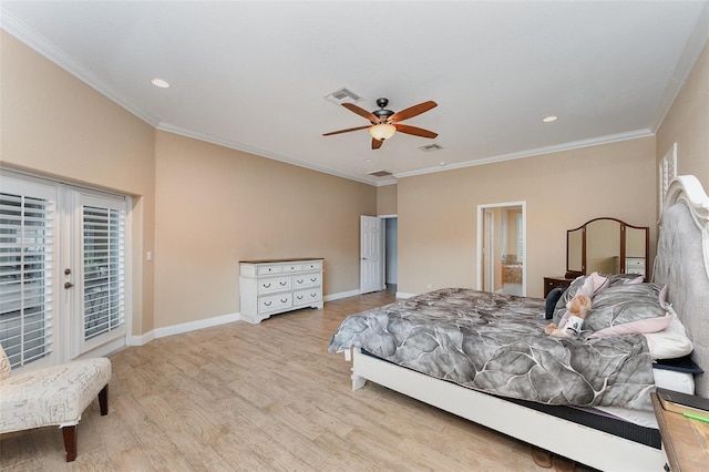 629 Orange Valley Ln, Lakeland, FL 33813 - bedroom featuring access to exterior, wood finished floors, ornamental molding, baseboards, and recessed lighting
