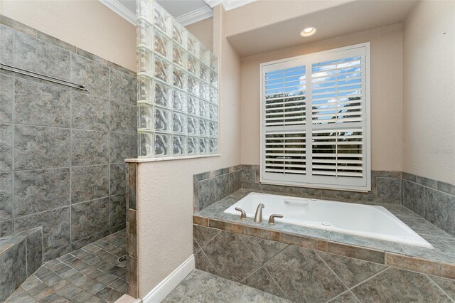 629 Orange Valley Ln, Lakeland, FL 33813 - full bath featuring a garden tub, crown molding, and a walk in shower