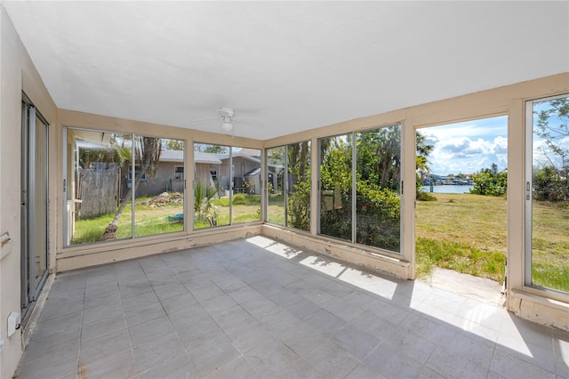 11465 7th St E, Treasure Island, FL 33706 - unfurnished sunroom with a water view and ceiling fan