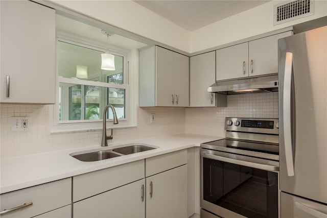 2020 Douglas Ave, Dunedin, FL 34698 - kitchen featuring appliances with stainless steel finishes, under cabinet range hood, a sink, backsplash, and light countertops