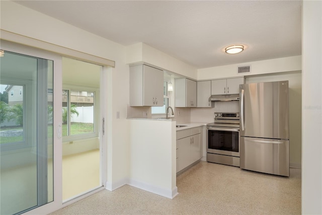 2020 Douglas Ave, Dunedin, FL 34698 - kitchen featuring stainless steel appliances, under cabinet range hood, a sink, light countertops, and backsplash