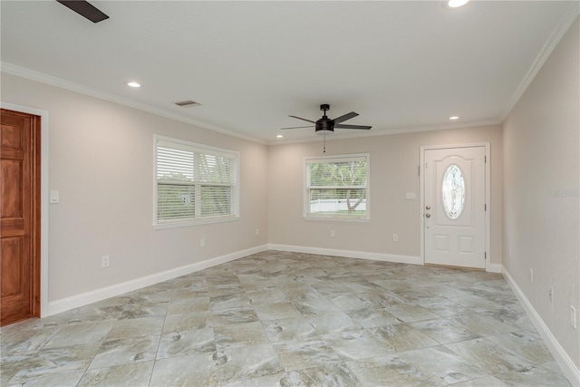 12 Bayou Ln, Palm Harbor, FL 34683 - foyer entrance with a ceiling fan, recessed lighting, crown molding, and light stone finish flooring