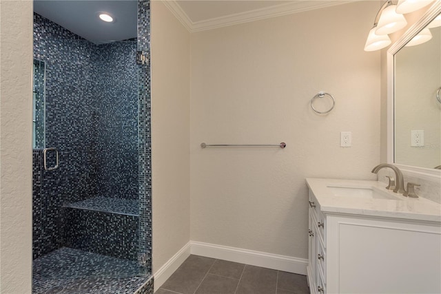 12 Bayou Ln, Palm Harbor, FL 34683 - bathroom with vanity, a stall shower, tile patterned flooring, and crown molding