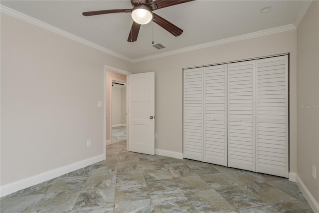 12 Bayou Ln, Palm Harbor, FL 34683 - unfurnished bedroom with ornamental molding, a closet, and a ceiling fan