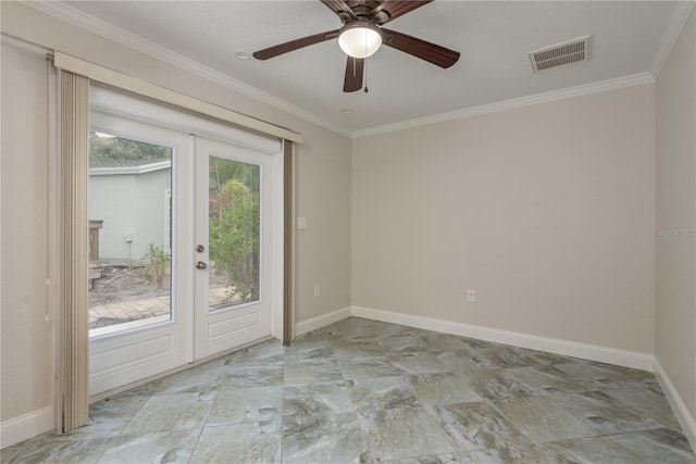 12 Bayou Ln, Palm Harbor, FL 34683 - spare room featuring crown molding, ceiling fan, and stone finish floors