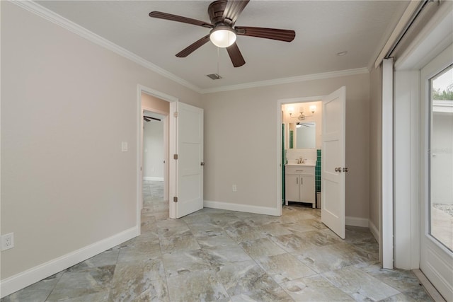 12 Bayou Ln, Palm Harbor, FL 34683 - unfurnished bedroom featuring ornamental molding, ceiling fan, and connected bathroom