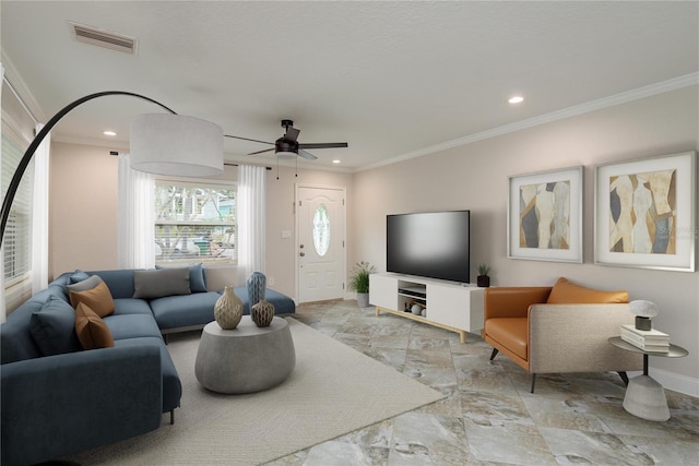 12 Bayou Ln, Palm Harbor, FL 34683 - living room featuring ornamental molding, a ceiling fan, and recessed lighting