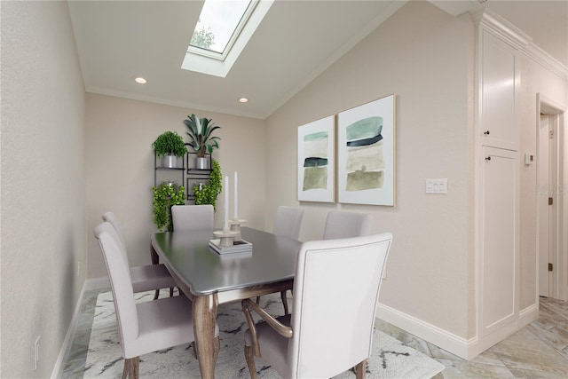 12 Bayou Ln, Palm Harbor, FL 34683 - dining room featuring a skylight, lofted ceiling, crown molding, recessed lighting, and light marble finish floors