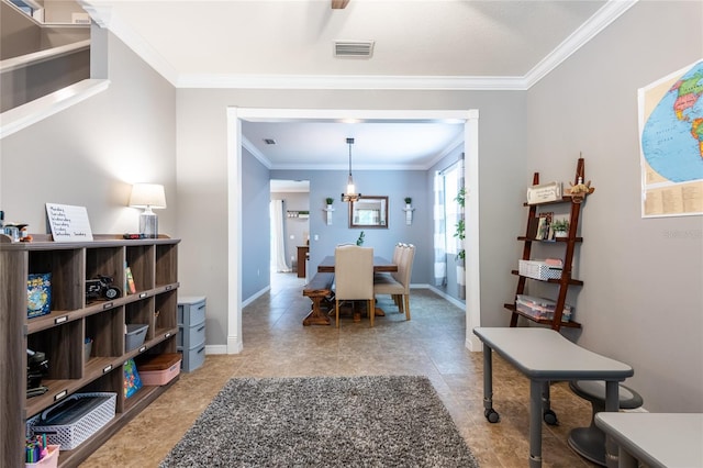 12208 Mcmullen Loop, Riverview, FL 33569 - dining room with crown molding, baseboards, and a chandelier