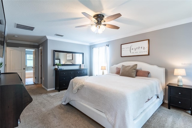 12208 Mcmullen Loop, Riverview, FL 33569 - bedroom with light colored carpet, ornamental molding, ceiling fan, and baseboards