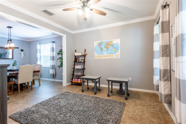 12208 Mcmullen Loop, Riverview, FL 33569 - living area with ornamental molding, a ceiling fan, and baseboards