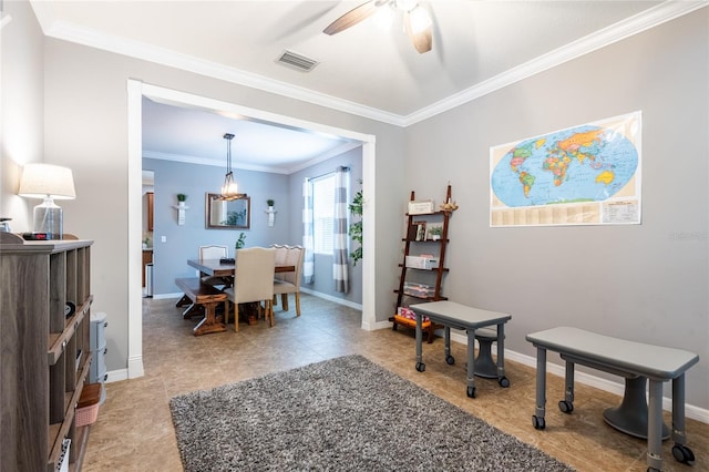 12208 Mcmullen Loop, Riverview, FL 33569 - office featuring ornamental molding, ceiling fan, baseboards, light tile patterned flooring, and a chandelier