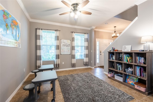 12208 Mcmullen Loop, Riverview, FL 33569 - sitting room featuring a ceiling fan, crown molding, a chandelier, baseboards, and tile patterned flooring