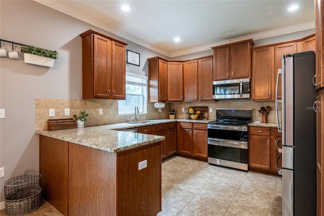 12208 Mcmullen Loop, Riverview, FL 33569 - kitchen with appliances with stainless steel finishes, a sink, tasteful backsplash, a peninsula, and crown molding