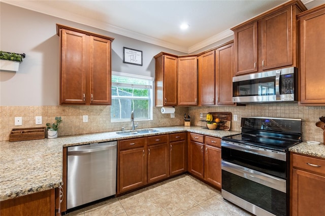 12208 Mcmullen Loop, Riverview, FL 33569 - kitchen with appliances with stainless steel finishes, a sink, ornamental molding, backsplash, and brown cabinetry