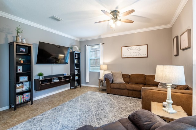 12208 Mcmullen Loop, Riverview, FL 33569 - living area with ceiling fan, ornamental molding, tile patterned floors, and baseboards