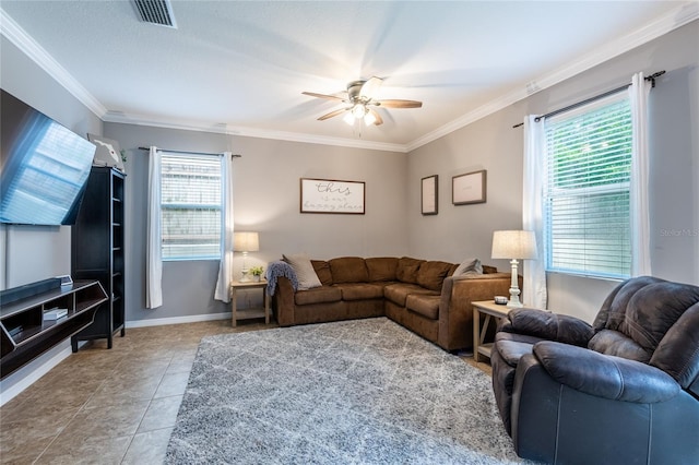 12208 Mcmullen Loop, Riverview, FL 33569 - living area with a ceiling fan, ornamental molding, tile patterned floors, and baseboards