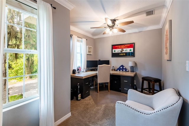 12208 Mcmullen Loop, Riverview, FL 33569 - carpeted home office featuring ceiling fan, plenty of natural light, crown molding, and baseboards