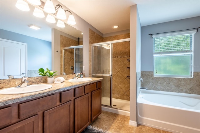 12208 Mcmullen Loop, Riverview, FL 33569 - full bath with a garden tub, a stall shower, double vanity, and tile patterned floors