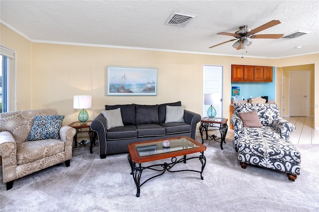 2096 Massachusetts Ave NE, Saint Petersburg, FL 33703 - living area featuring light colored carpet, ornamental molding, and ceiling fan