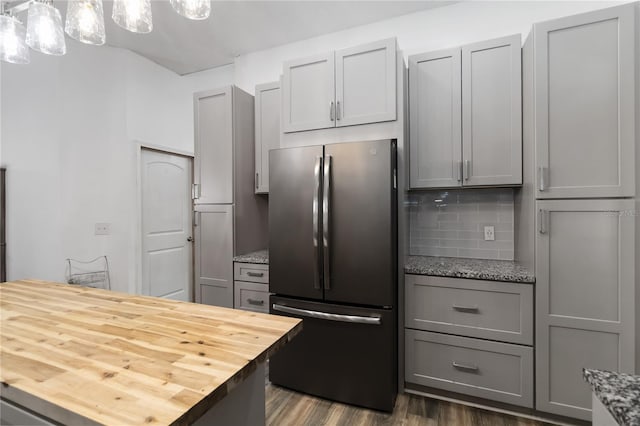 722 Swaying Palm Dr, Apopka, FL 32712 - kitchen with freestanding refrigerator, butcher block countertops, and gray cabinets