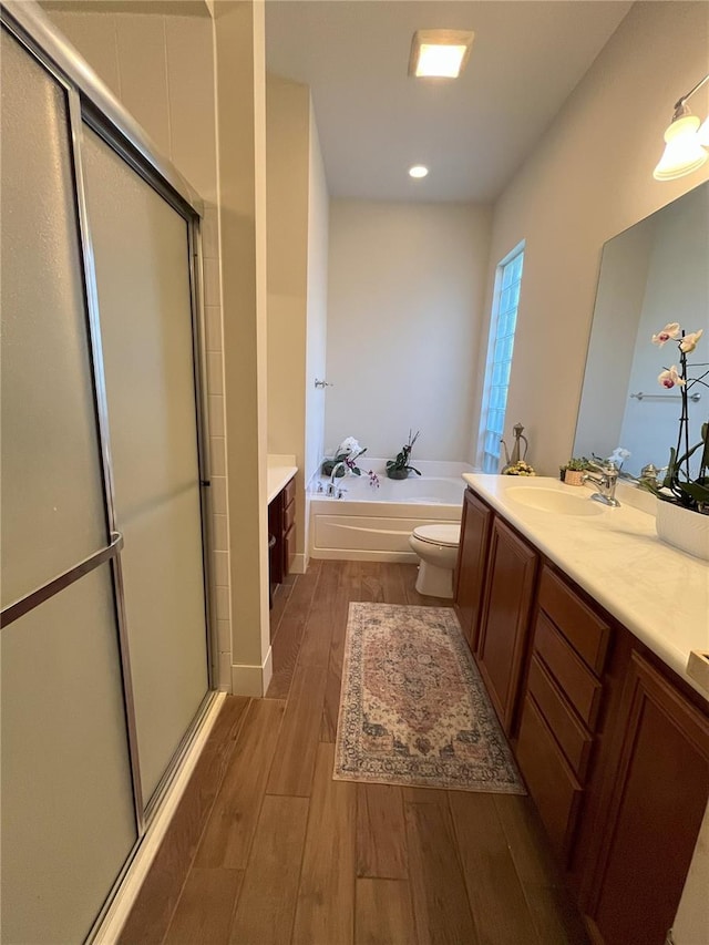12064 Navale Ln, Orlando, FL 32827 - bathroom with wood finished floors, vanity, a stall shower, a bath, and recessed lighting