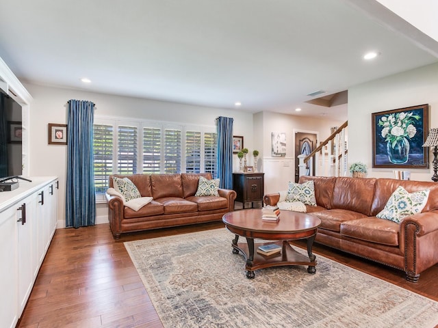 3724 Fawn Grove Ct, Land O Lakes, FL 34639 - living area with stairs, wood-type flooring, and recessed lighting