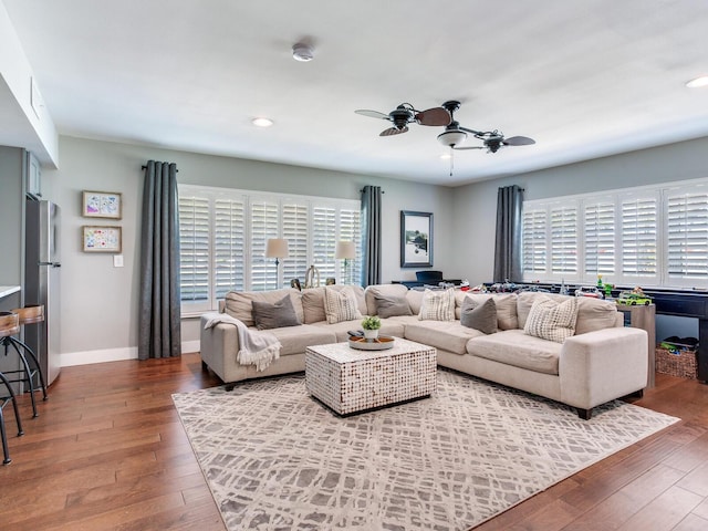 3724 Fawn Grove Ct, Land O Lakes, FL 34639 - living area with recessed lighting, hardwood / wood-style floors, ceiling fan, and baseboards