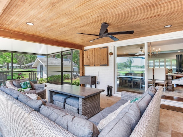 3724 Fawn Grove Ct, Land O Lakes, FL 34639 - living room with wood ceiling, a ceiling fan, a chandelier, and recessed lighting