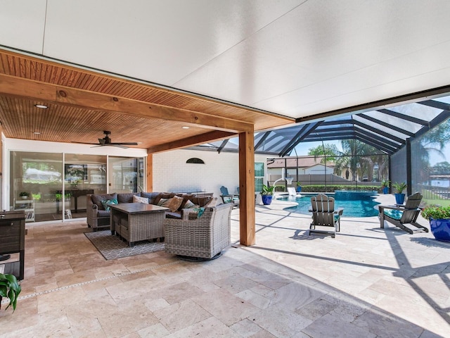 3724 Fawn Grove Ct, Land O Lakes, FL 34639 - view of patio / terrace with an outdoor hangout area, ceiling fan, an outdoor pool, and glass enclosure