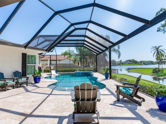 3724 Fawn Grove Ct, Land O Lakes, FL 34639 - swimming pool with a water view, a patio, and glass enclosure
