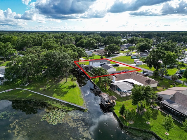 3724 Fawn Grove Ct, Land O Lakes, FL 34639 - aerial perspective of suburban area with property boundaries highlighted and a nearby body of water