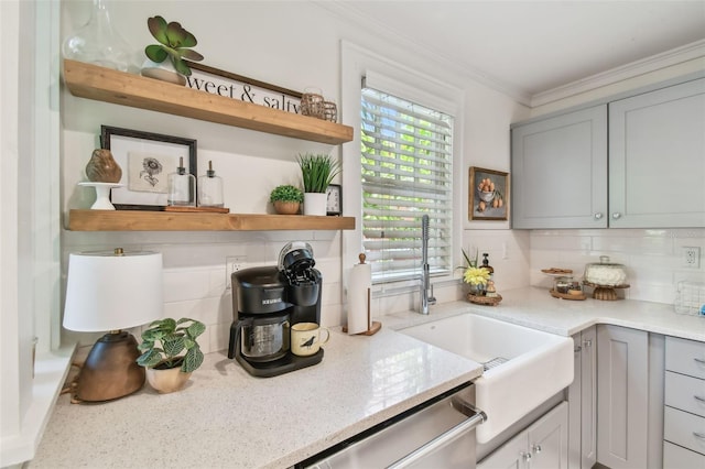 848 9th Ave S, Saint Petersburg, FL 33701 - kitchen with open shelves, stainless steel dishwasher, crown molding, decorative backsplash, and gray cabinetry