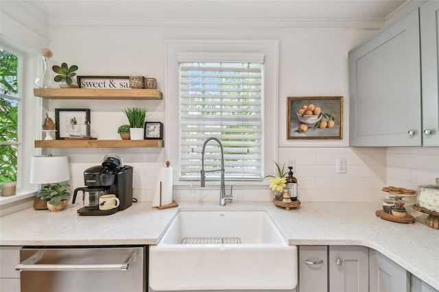 848 9th Ave S, Saint Petersburg, FL 33701 - kitchen with a sink, dishwasher, gray cabinetry, open shelves, and ornamental molding