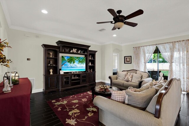 679 Challice Dr, Spring Hill, FL 34609 - living room with ceiling fan, baseboards, wood tiled floors, ornamental molding, and recessed lighting
